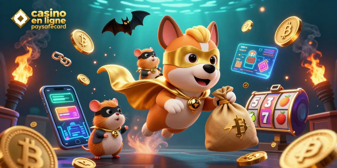 Plongez dans le monde du casino en ligne paysafecard avec un chien super-héros et son compagnon joueur, entourés de pièces de crypto-monnaie.