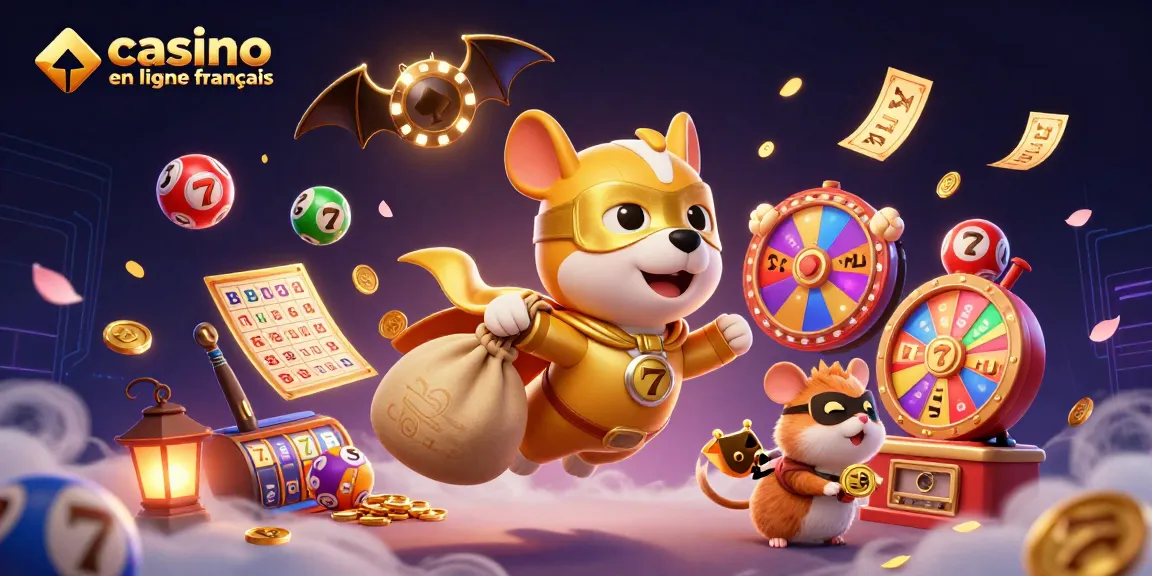 Illustration dynamique d'un chien super-héros en cape dorée pour le casino en ligne français, entouré de jeux et loteries.
