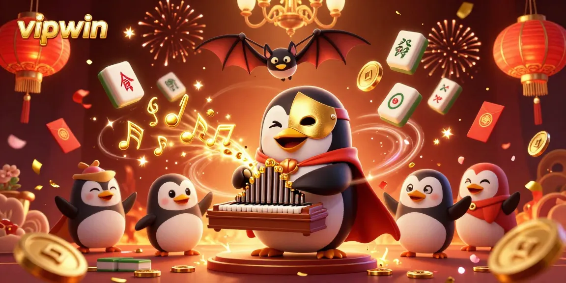 Join the excitement at vipwin with a lively penguin organist amid golden coins and festive elements!