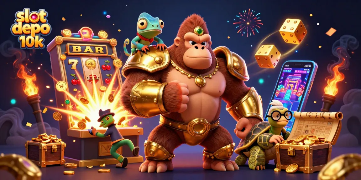 Menang di slot depo 10k dengan jackpot menggelegak dan simbol keberuntungan di sekeliling karakter casino.