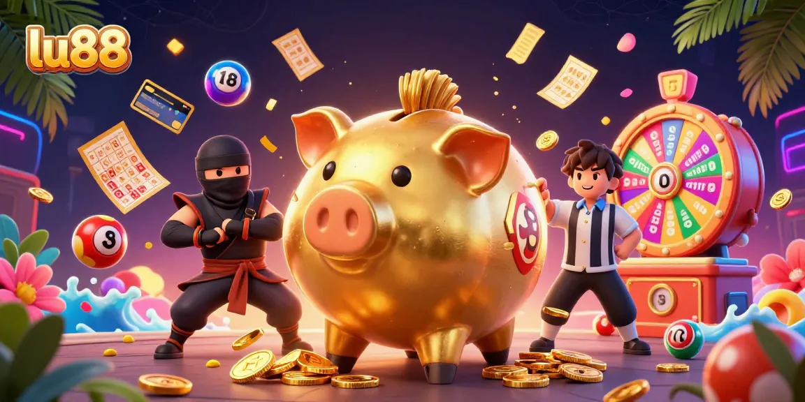 lu88 players winning big in a dynamic casino scene featuring exciting lottery elements and vibrant illustrations