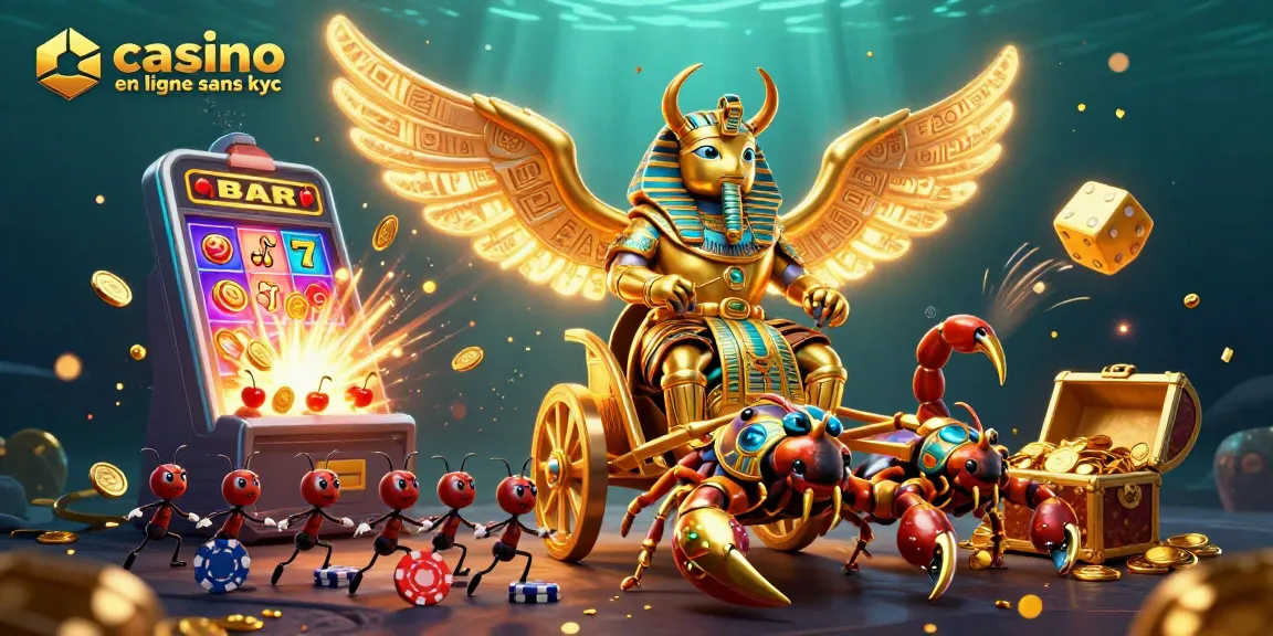 Jouez à des jeux de casino en ligne sans KYC avec un scarabée colossal, machines à sous et jetons animés.