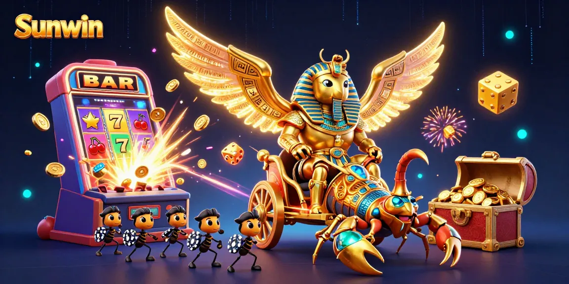 Engage in thrilling games at Sunwin with a vibrant scene of a colossal scarab and casino elements.