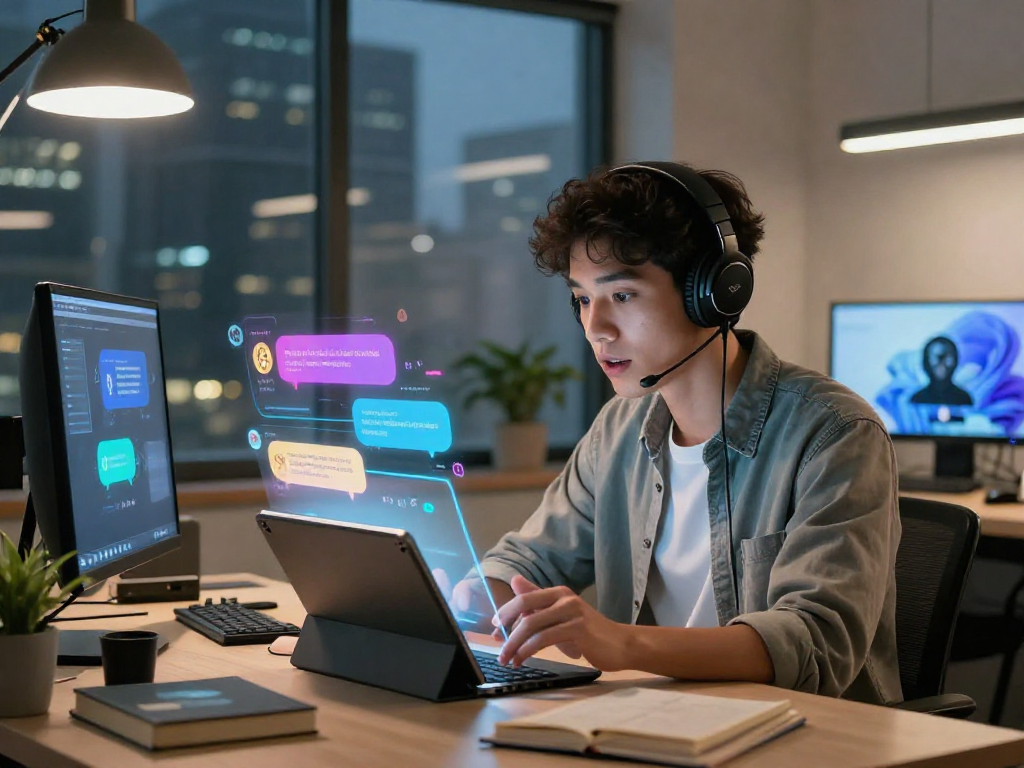 An engaging workspace scene depicting ai nsfw chat on a sleek tablet, featuring vibrant holographic responses and a young adult immersed in digital interaction.