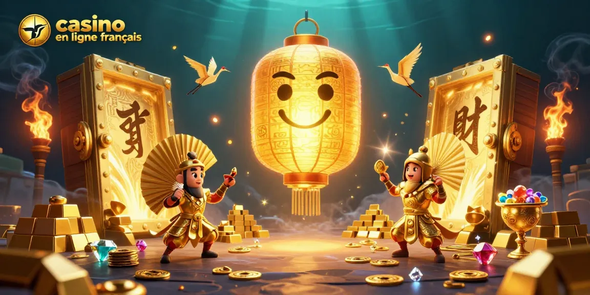 Vivez l'excitation du casino en ligne français avec des personnages fantastiques illuminant une scène dynamique remplie de trésors.