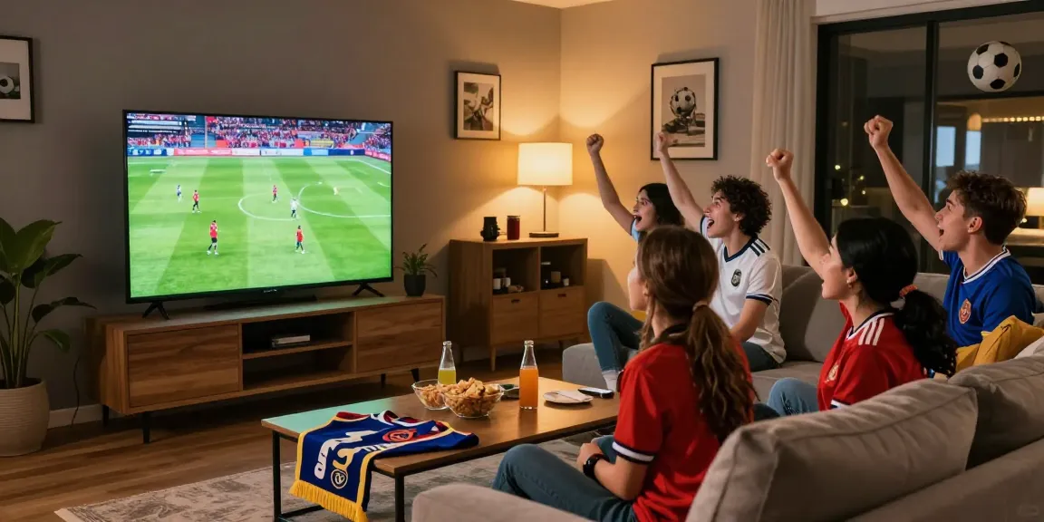 Exciting home sports viewing experience with friends enjoying koora tv during a football match.