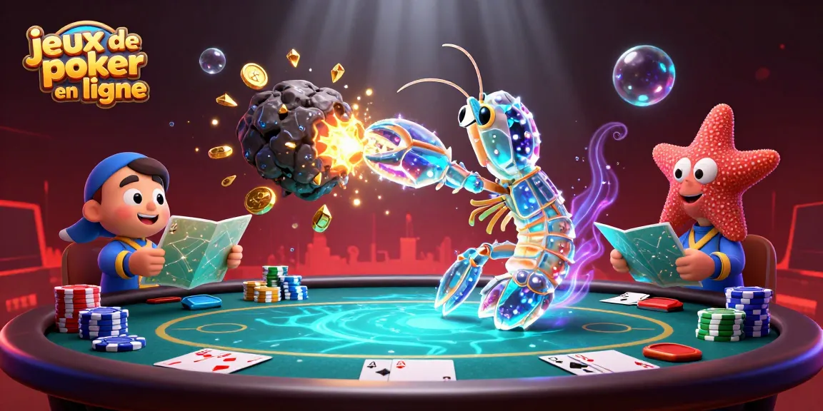 Jouez à des jeux de poker en ligne captivants avec des tables et des jetons colorés dans une scène dynamique.