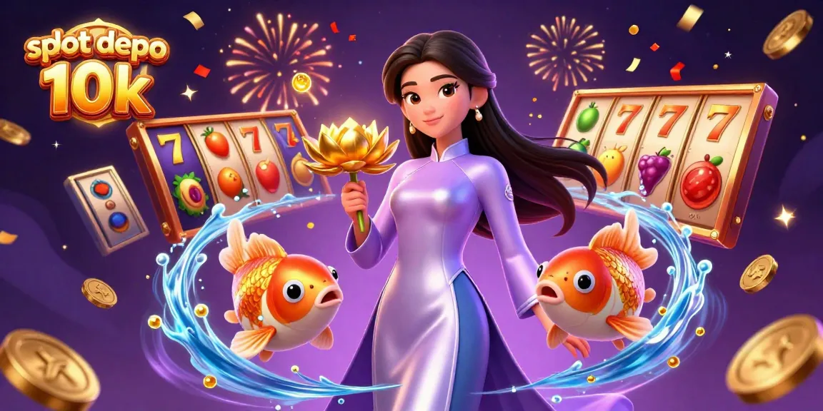 Experience the thrill of slot depo 10k with vibrant visuals of slot reels, lucky 7s, and cascading golden coins.