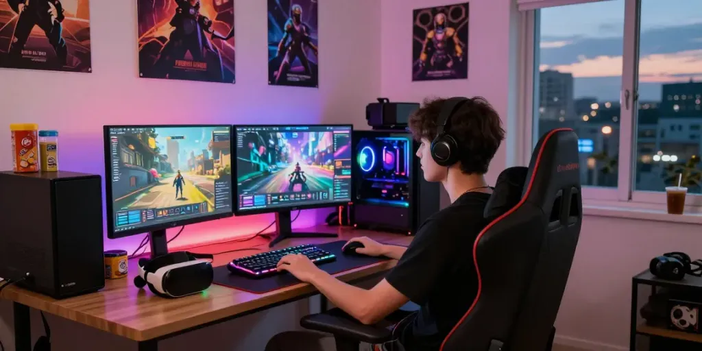 Engaging gaming lifestyle setup for rokok88 login, featuring vibrant graphics and immersive atmosphere.