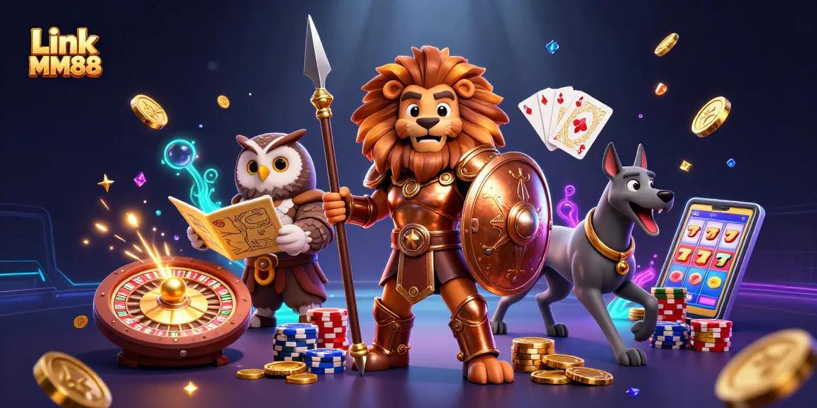 Explore the exciting Link MM88 gaming world with a 3D casino illustration showing a lion, owl, and greyhound amidst casino elements.