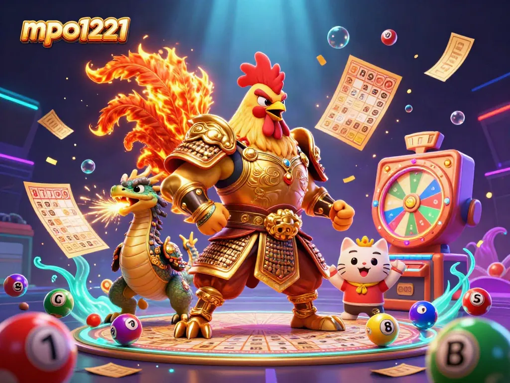 Mpo1221 triggers excitement with a vibrant 3D casino scene featuring entertaining lottery elements and captivating characters.