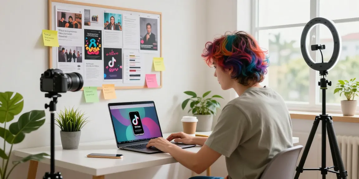 How to buy tiktok views - Creative TikTok content creator in a vibrant home office.