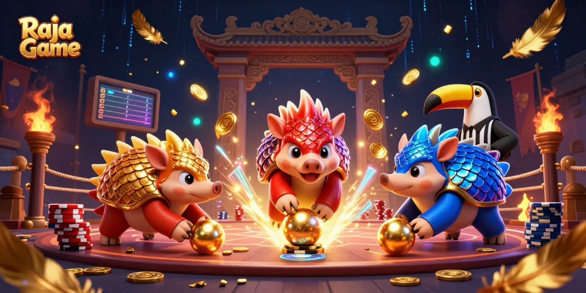 Raja Game features exciting pangolin rivals in a dynamic casino setting with vibrant gambling elements.