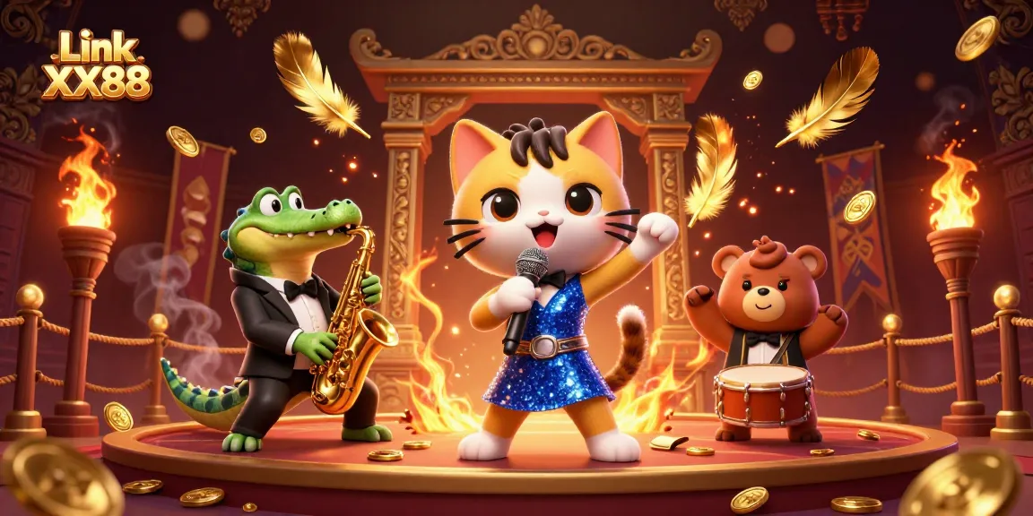 Experience excitement in Link XX88 with the jazzy casino scene featuring cartoon characters and golden coins.