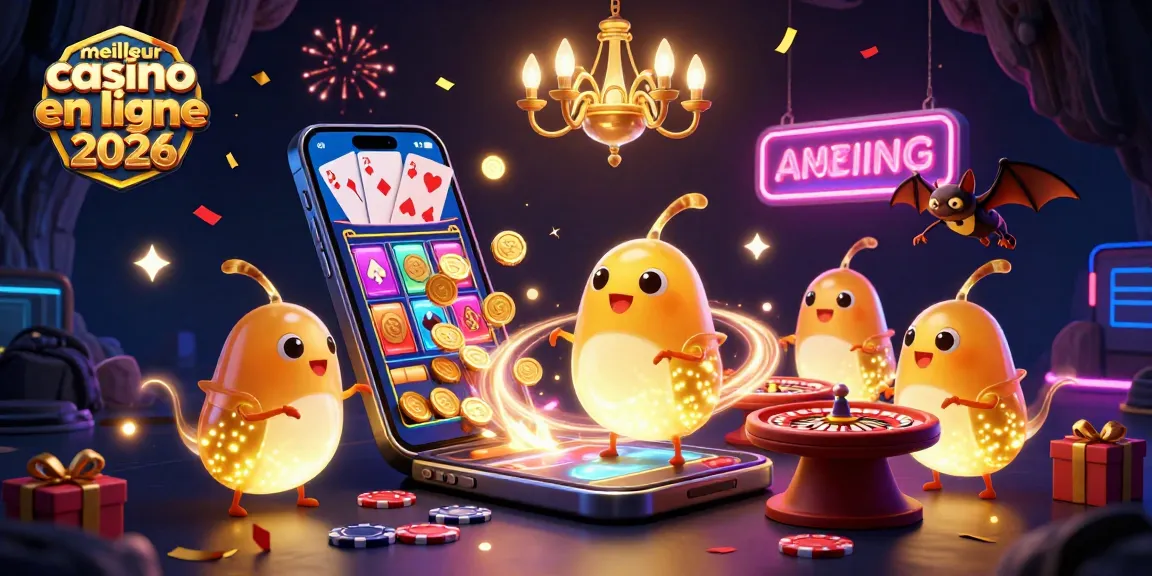 Scène vibrante présentant le meilleur casino en ligne 2026 avec des vers luisants illuminant un casino souterrain.
