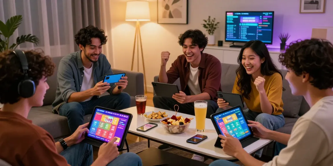 Togel88 Me Login scene with diverse players enjoying online lottery games on smartphones and tablets in a vibrant living room.