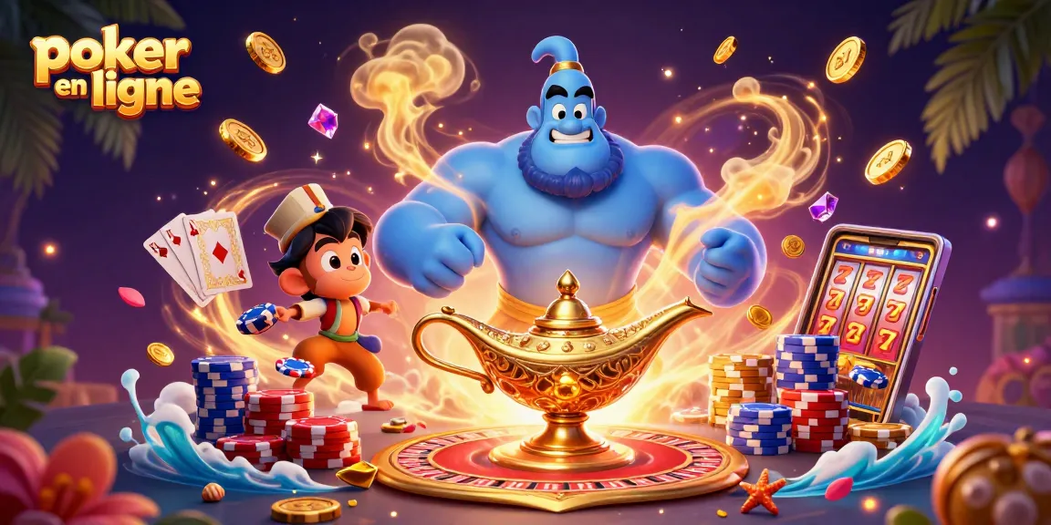 Jouez au poker en ligne avec des jetons colorés et des personnages magiques dans une scène dynamique.