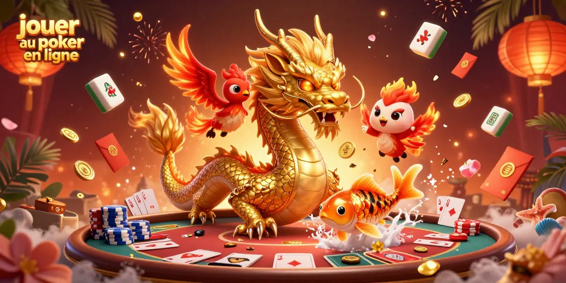 Jouez au poker en ligne avec ce dragon doré et un phoenix, entourés de jetons chanceux.