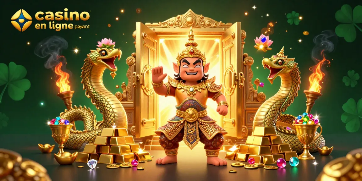 Illustration captivante d'un casino en ligne le plus payant avec un gardien thaï cartoon et des trésors scintillants.
