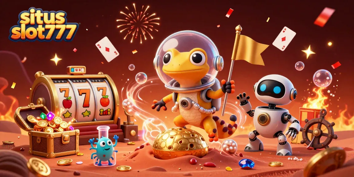 situs slot777 showcases unique casino elements with vibrant 3D illustration of a gecko discovering a casino on Mars.