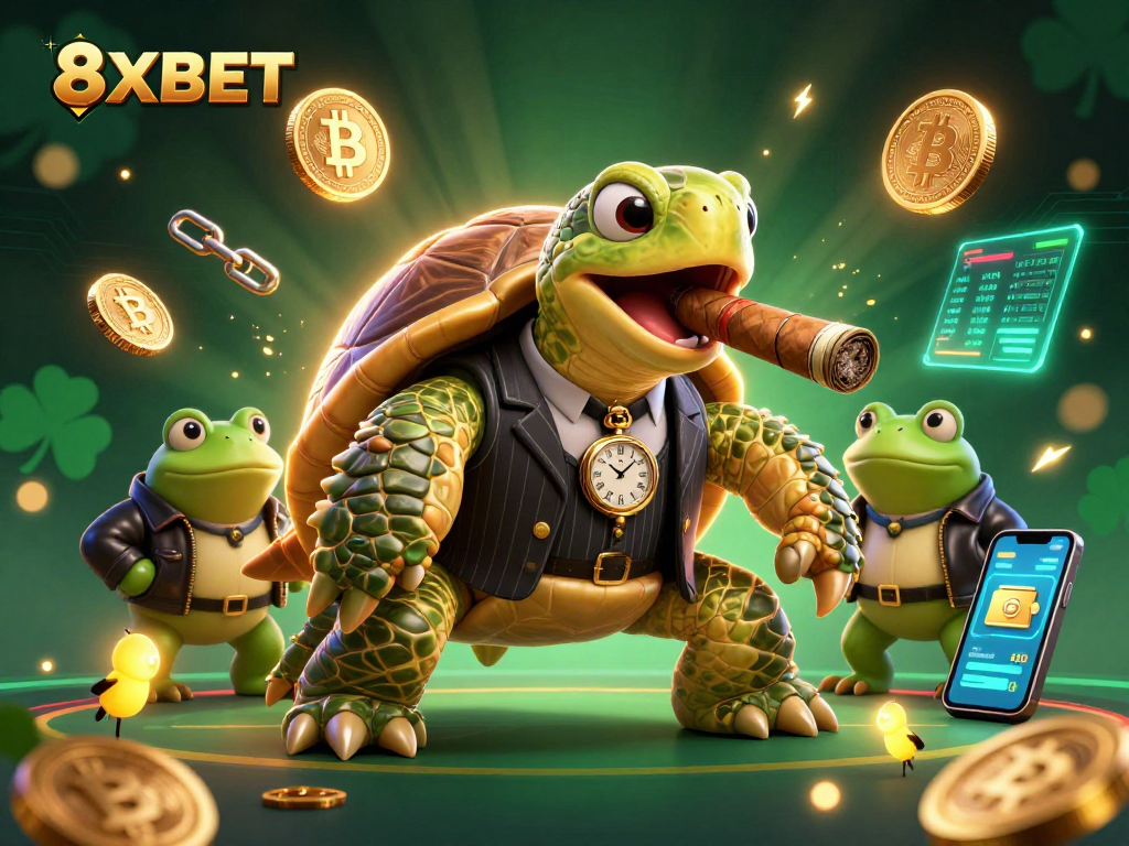 Engage in thrilling 8XBET gaming with the vibrant casino atmosphere, featuring animated characters and crypto elements.