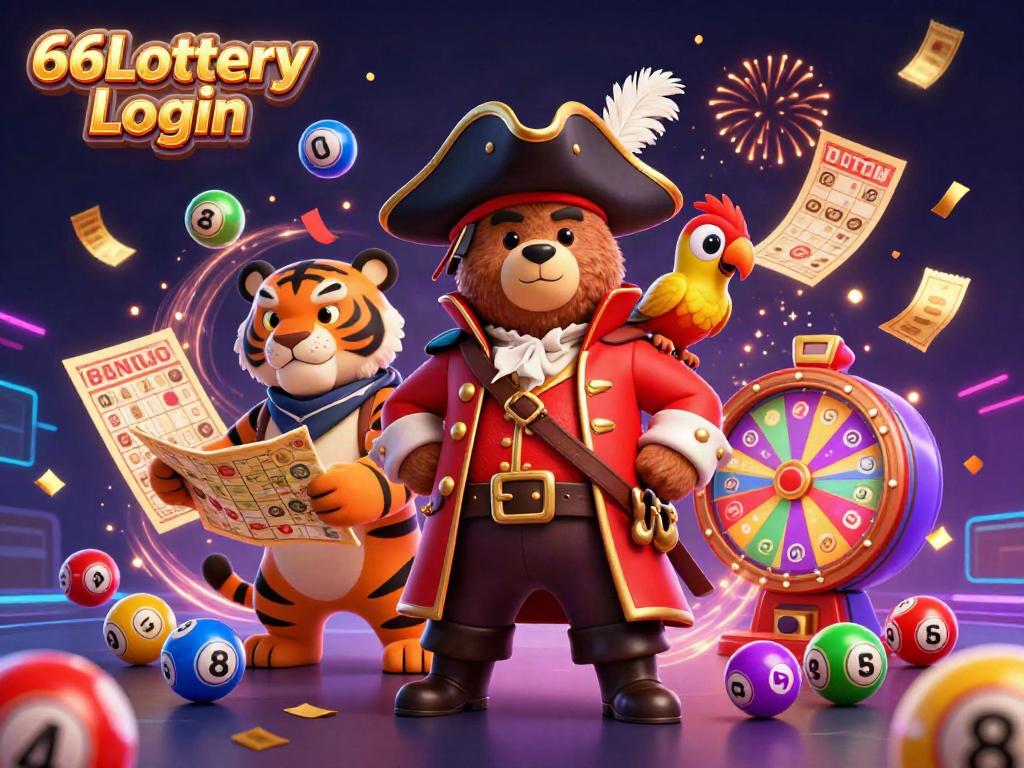 Experience the excitement of lottery with 66Lottery Login, featuring a bear pirate and vibrant lottery elements.