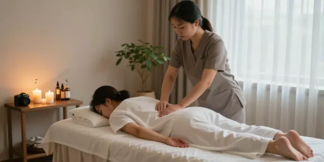 Professional therapist providing 출장안마 in a serene, ambient wellness room.