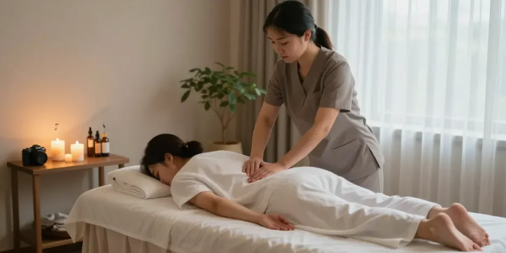 Professional therapist providing 출장안마 in a serene, ambient wellness room.