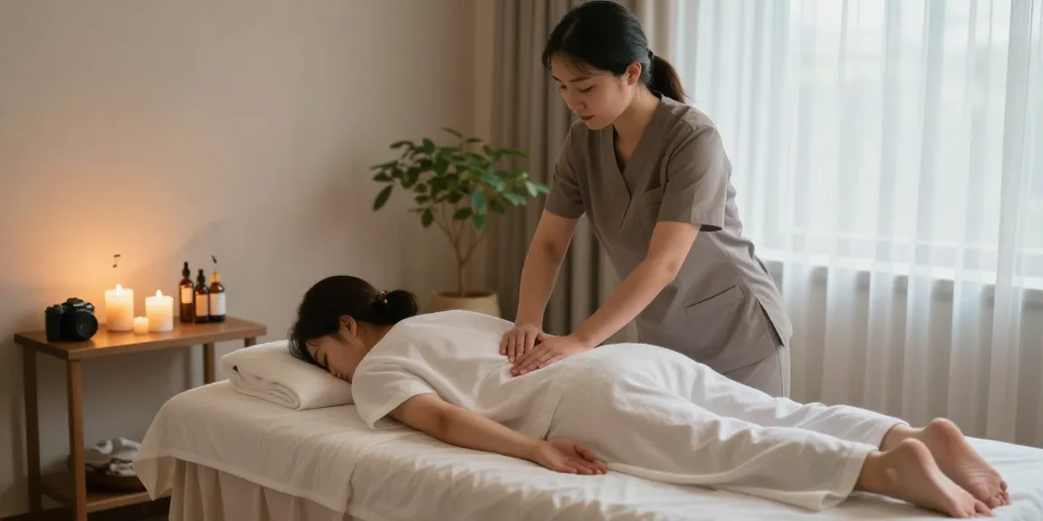 Professional therapist providing 출장안마 in a serene, ambient wellness room.