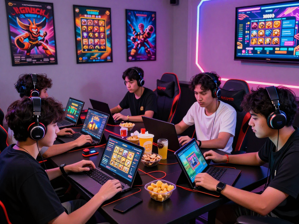 Friends enjoying the link raja328 gaming platform in a vibrant setting with engaging games and snacks.