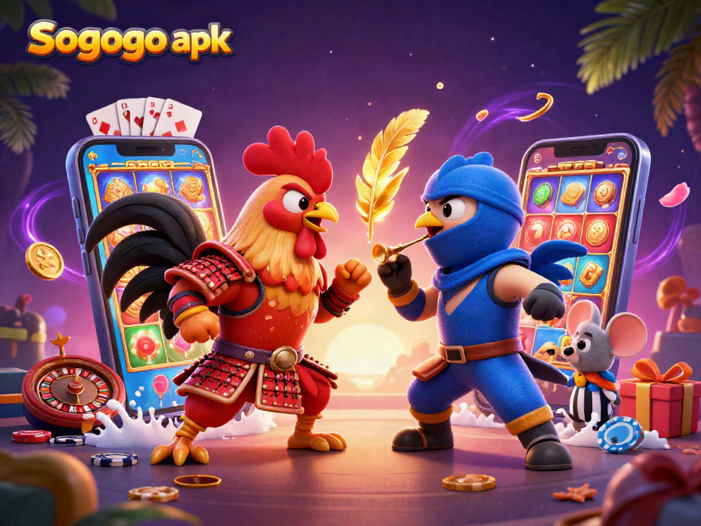Sogogo apk showcases dynamic battle between cartoon roosters in a vibrant casino-themed setting.