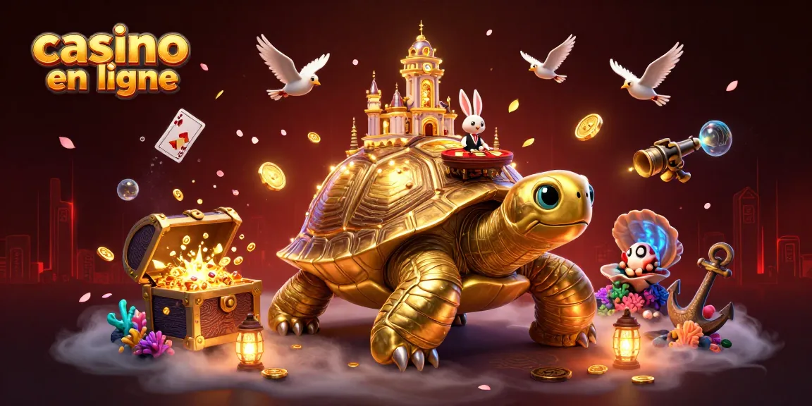 Profitez du casino en ligne avec une tortue dorée géante et un croupier sur une table de jeux.