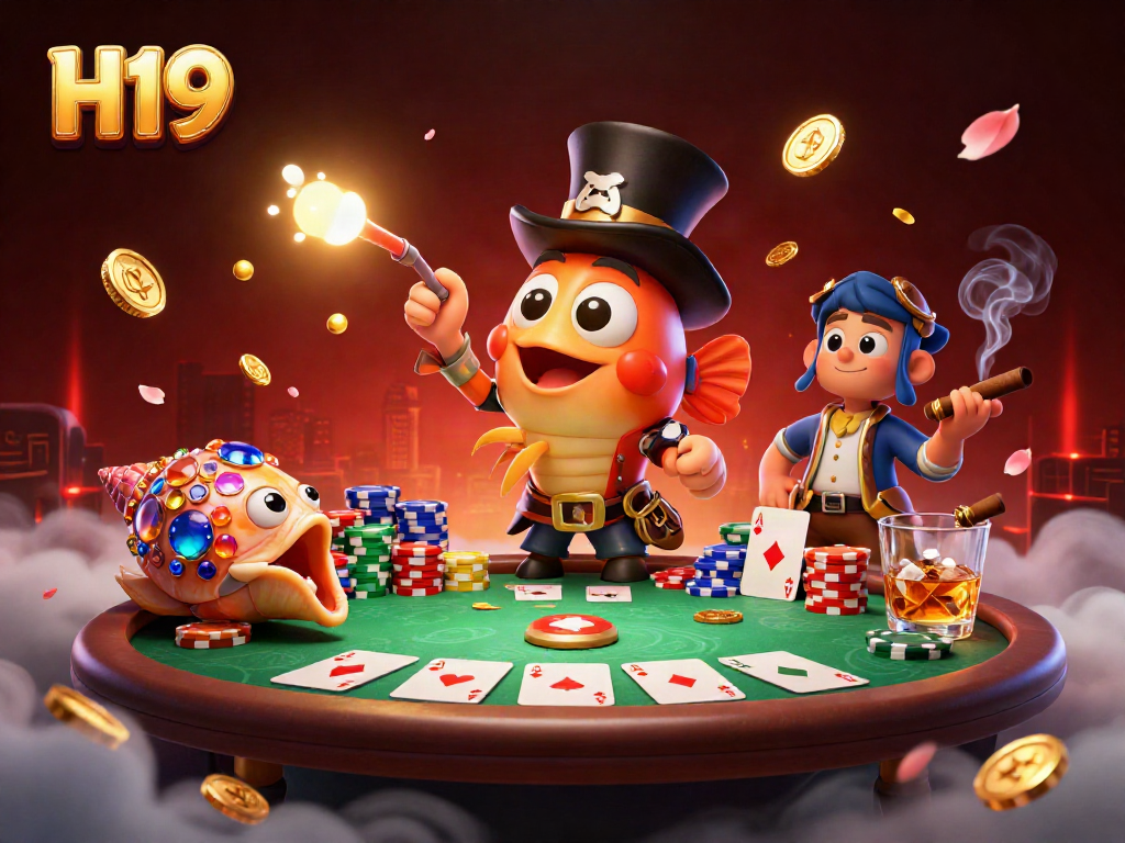 Attract golden coins in a vibrant H19 casino scene with dynamic characters and poker elements.