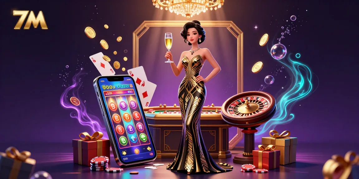 Experience dynamic gameplay with 7M as elegant woman holds champagne and showcases vibrant casino elements.