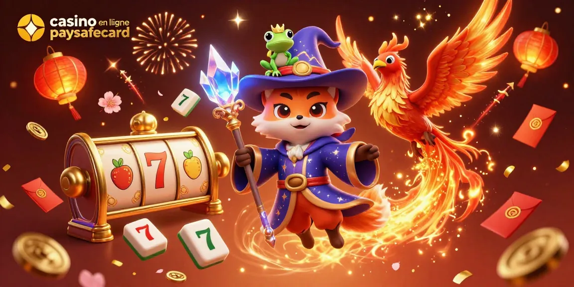 Jouez au casino en ligne paysafecard avec un renard sorcier et un phénix dans une scène festive.