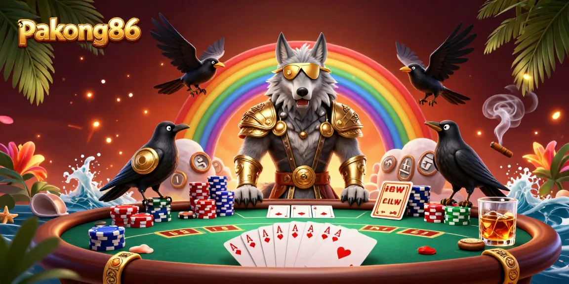 Experience thrilling poker action with pakong86 amidst a vibrant, mythological casino-themed scene.