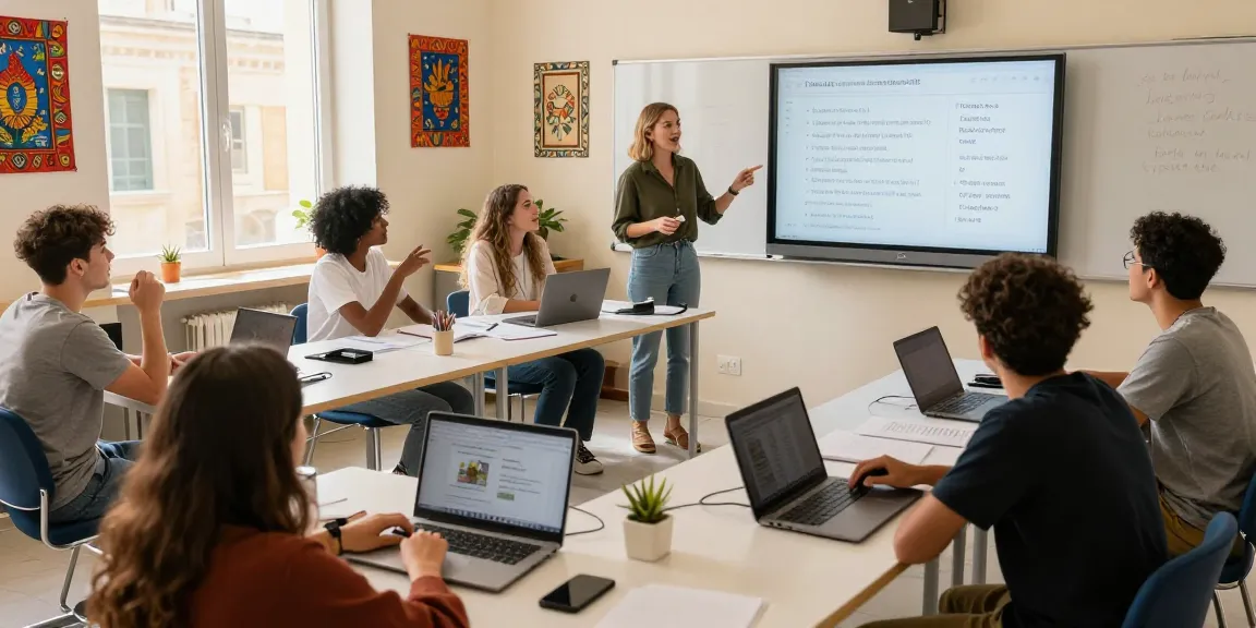 Escena de aula envolvente que ilustra los cursos de inglés en Malta con estudiantes participando en lecciones dinámicas.