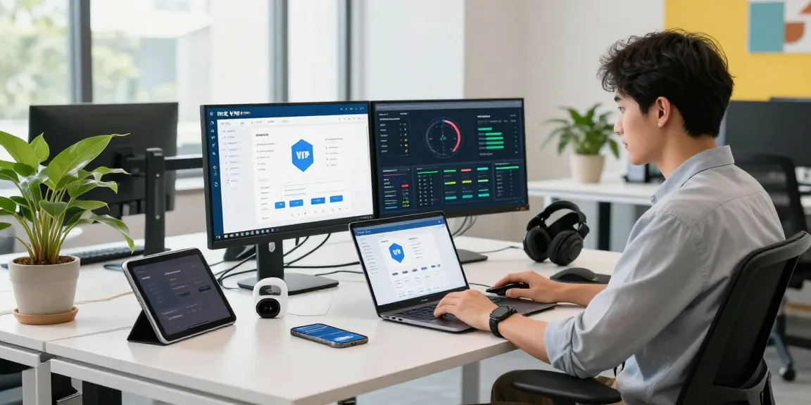 快连 VPN user experiencing innovative internet connectivity in a modern workspace with tech gadgets.