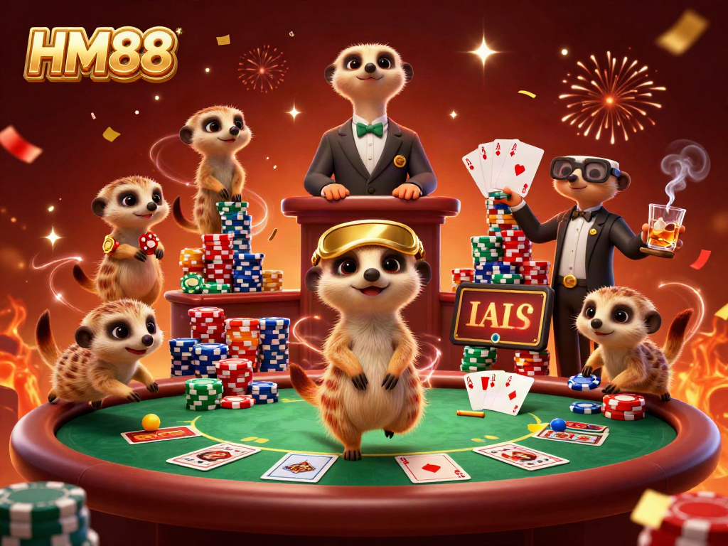 Meerkats run a vibrant casino operation featuring the HM88 brand in a dynamic game scene.