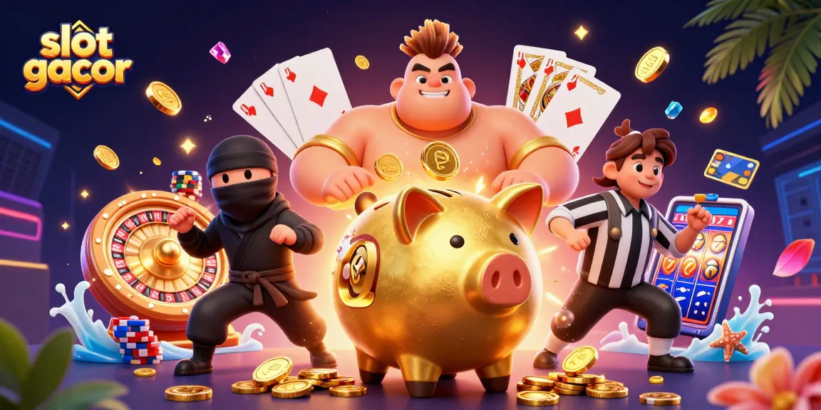 Experience thrilling gameplay with slot gacor's vibrant piggy bank sumo wrestler, surrounded by dazzling coins and cards.