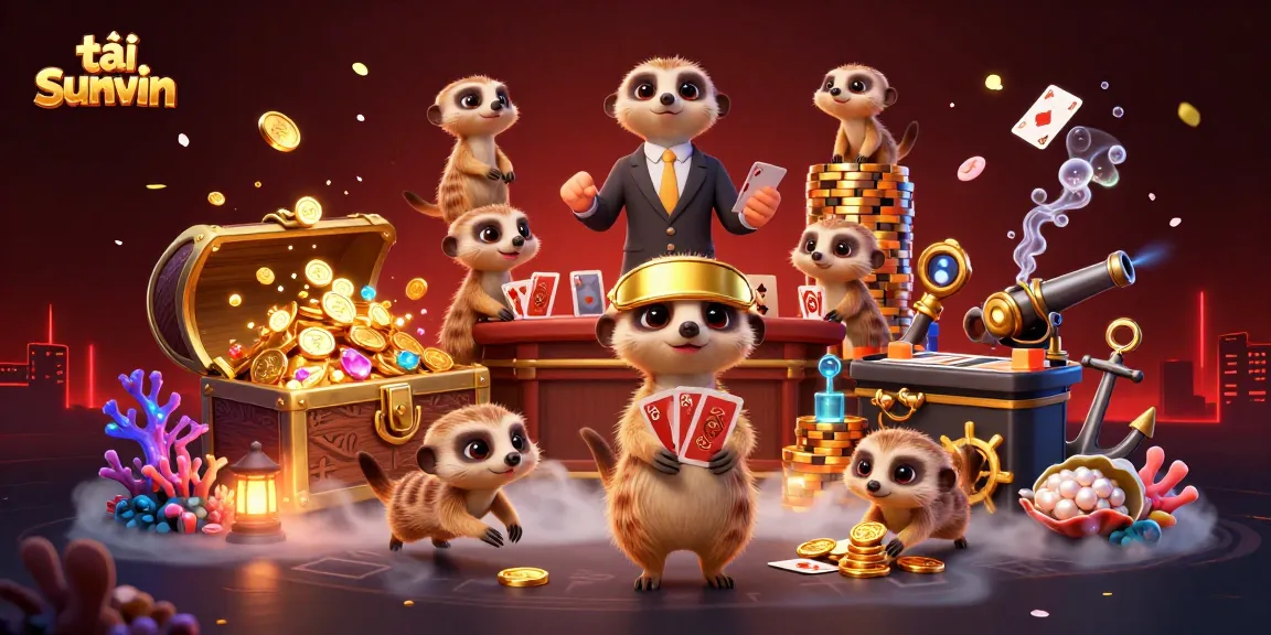 Play to win with tải sunwin - Meerkats managing a vibrant casino in a lively underwater setting.