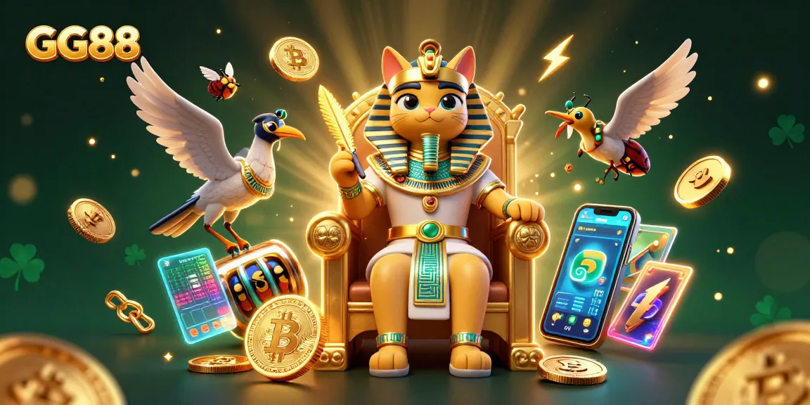 Experience the excitement of GG88 with a vibrant casino scene featuring a pharaoh cat, coins, and jackpots.