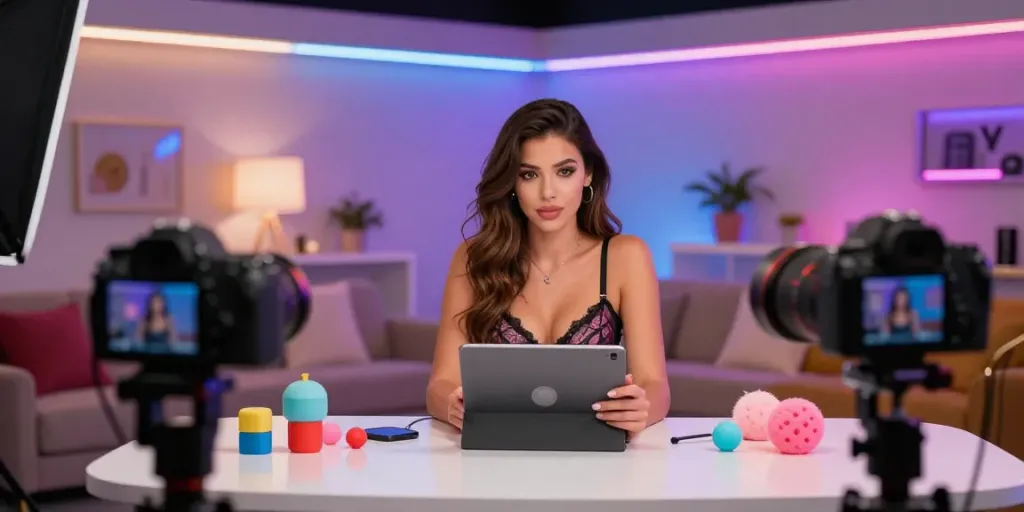 Live porn streamer engaging viewers in modern studio setting with intimate lighting.
