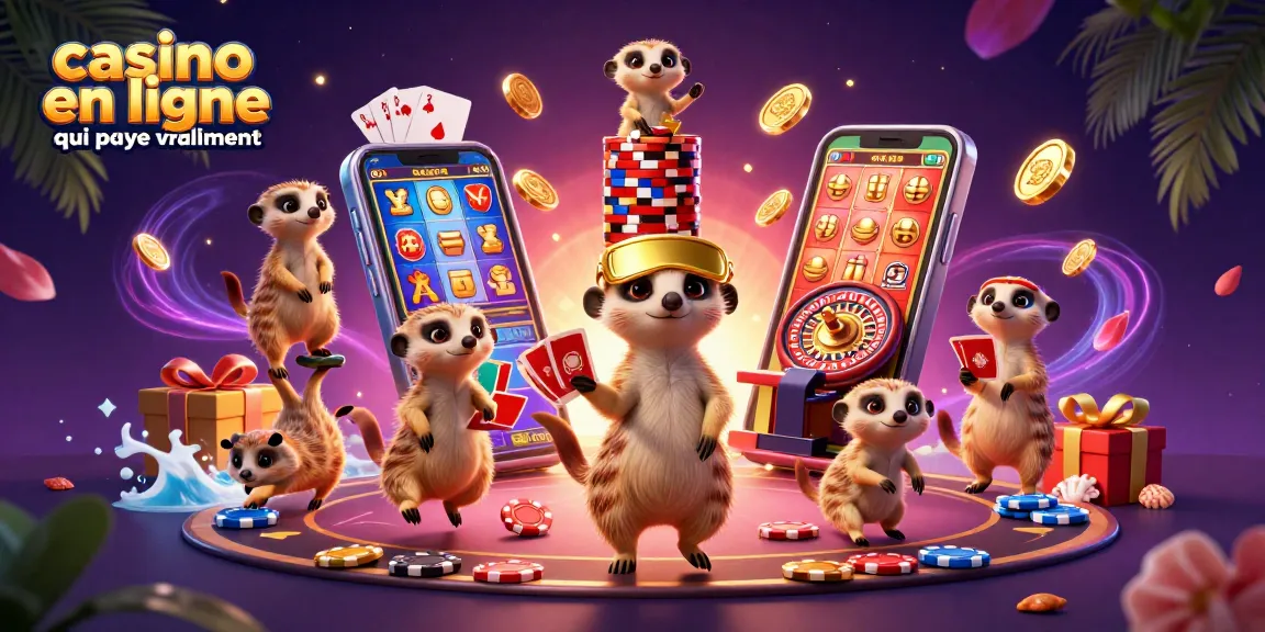 Illustration d'une colonie de suricates dans un casino avec le texte "casino en ligne qui paye vraiment".