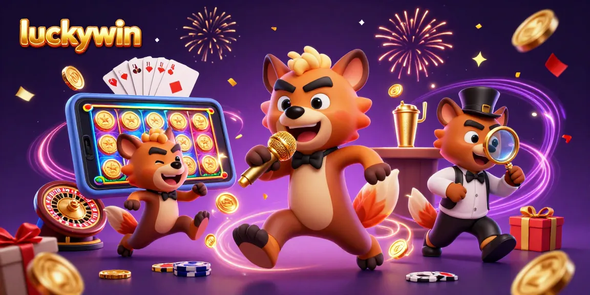 Engage in luckywin gaming with quirky hyenas in a vibrant casino setting showcasing slot games and casino fun.
