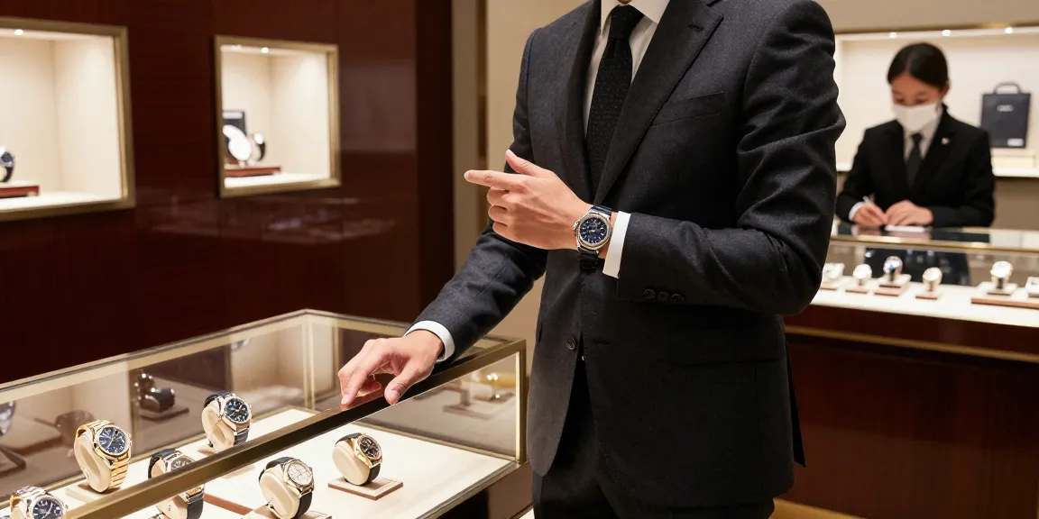 Stylish individual showcasing clone watches in an upscale boutique, highlighting luxury timepieces.
