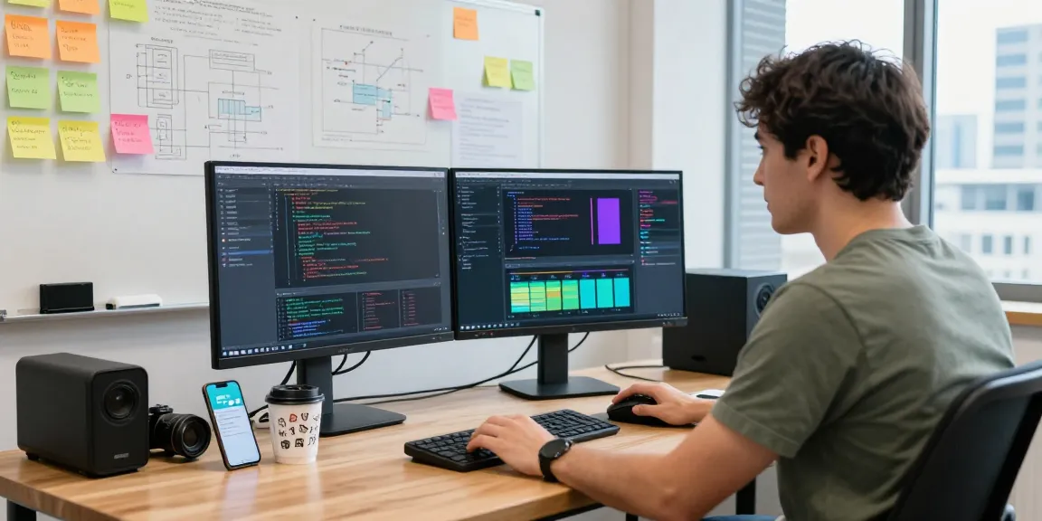 Programming workspace showcasing telegramin-cn.com with coding screens, modern tech elements, and urban workspace.