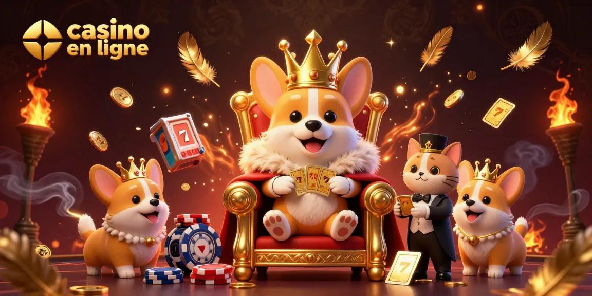 Experience excitement at casino en ligne with a royal corgi amid slot reels and golden tokens