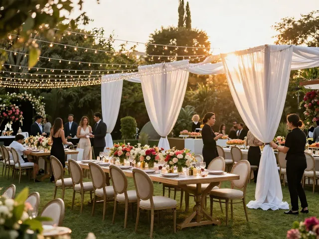Event rental ksa gathering with elegant outdoor setup and vibrant decor.