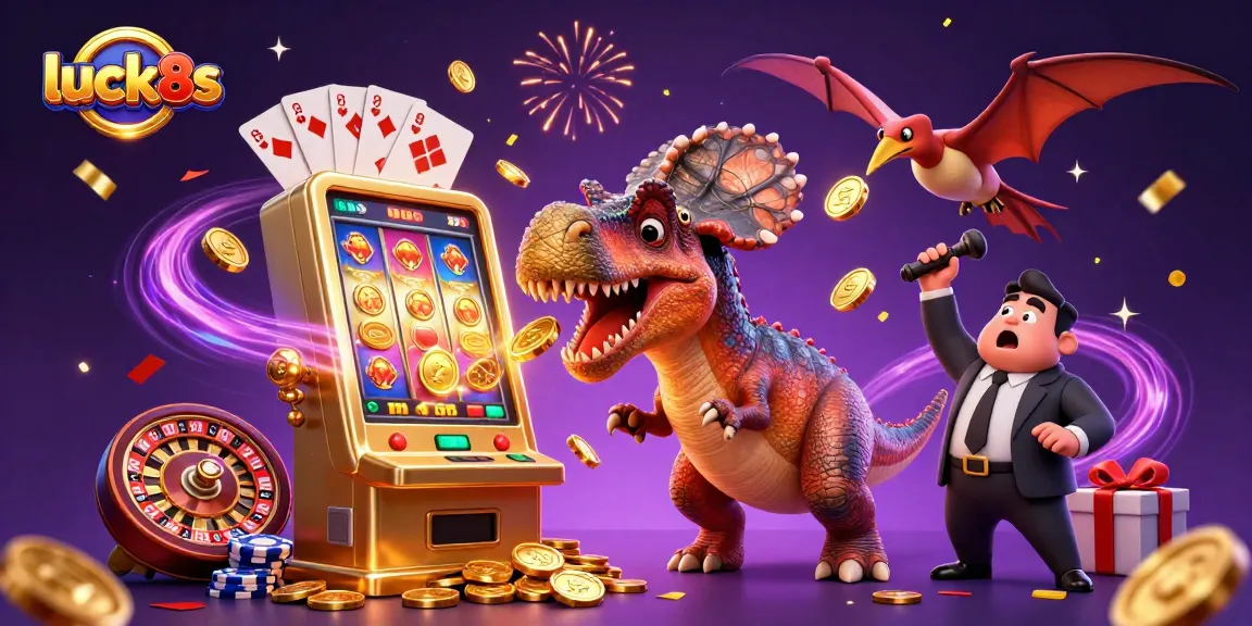 Watch the luck8s pachycephalosaurus disturb a slot machine while coins rain down in this vibrant casino scene.